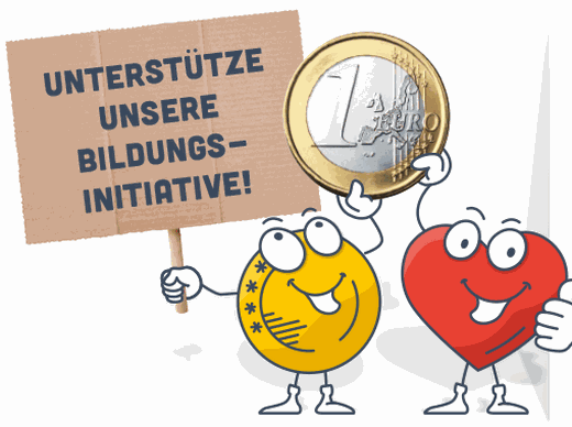 Maskottchen mit Schild: Unterstütze unsere Bildungsinitiative!